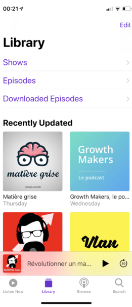 Interface de l'application Apple Podcast