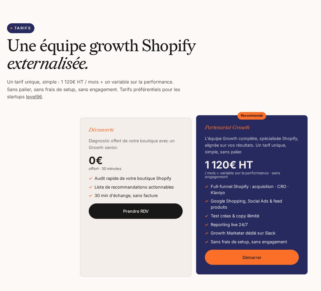 Section Tarifs de la page agence Shopify de panja.io : offre Découverte à 0 euro et Partenariat Growth à 1 120 euros HT par mois plus un variable sur la performance, sans engagement