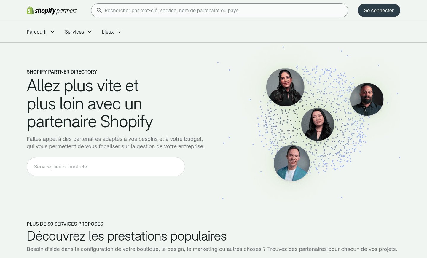 Page d'accueil du Shopify Partner Directory en français, l'annuaire officiel pour vérifier le statut Partner d'une agence