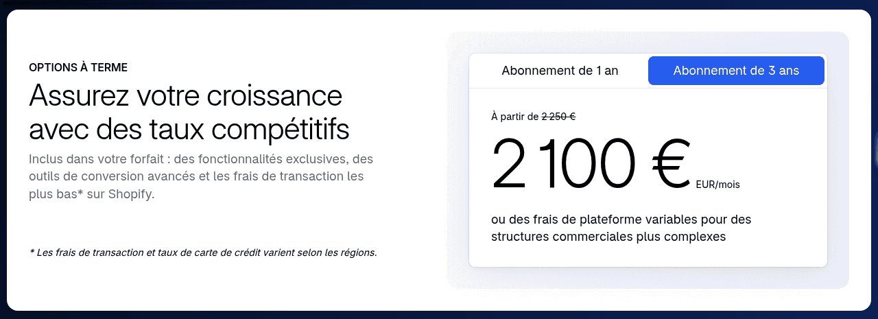 Bloc tarifaire de Shopify Plus en France : à partir de 2 100 euros par mois avec un abonnement de 3 ans, 2 250 euros avec un abonnement de 1 an