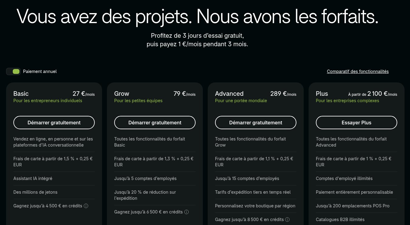 Page tarifs de Shopify en France en paiement annuel : Basic à 27 euros, Grow à 79 euros, Advanced à 289 euros et Plus à partir de 2 100 euros par mois