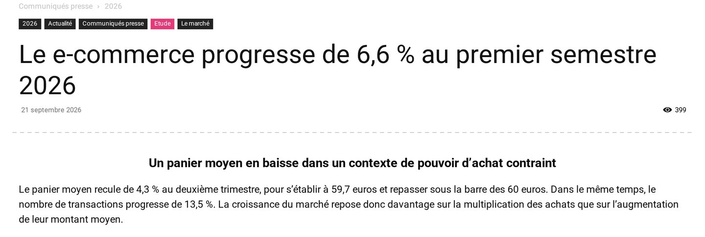 Communiqué de la Fevad du 21 septembre 2026 « Le e-commerce progresse de 6,6 % au premier semestre 2026 » : paragraphe sur le panier moyen en baisse à 59,7 € et les transactions en hausse de 13,5 %