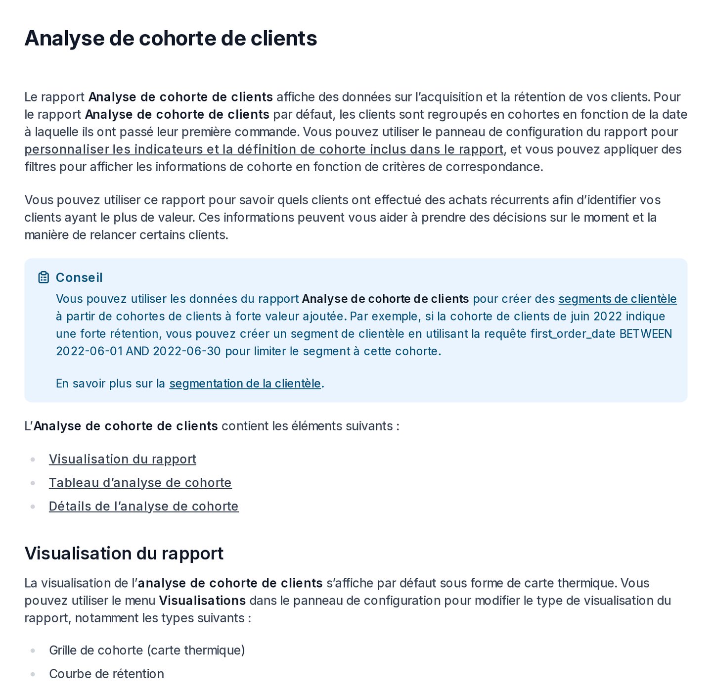 Page du Help Center Shopify en français sur le rapport Analyse de cohorte de clients : clients regroupés par date de première commande, affichés en carte thermique ou en courbe de rétention