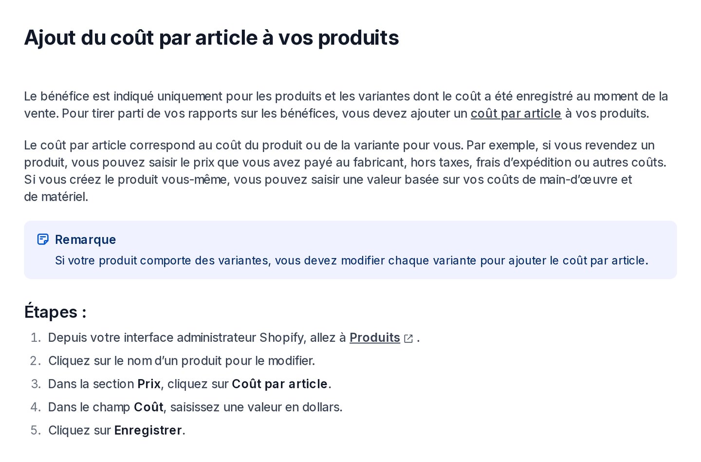 Page du Help Center Shopify en français « Ajout du coût par article à vos produits » : le bénéfice n'est indiqué que pour les produits dont le coût a été enregistré, et étapes de saisie