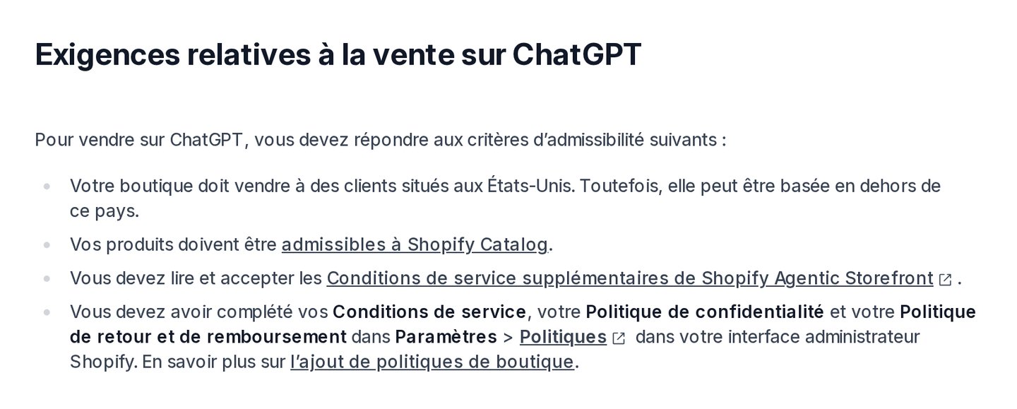 Page du Help Center Shopify en français « Exigences relatives à la vente sur ChatGPT » : la boutique doit vendre à des clients situés aux États-Unis, même si elle est basée ailleurs