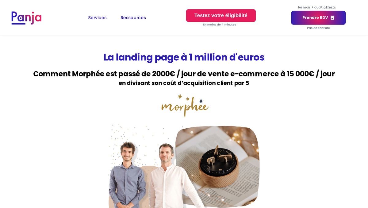 Étude de cas Morphée sur panja.io : de 2 000 à 15 000 euros de ventes par jour en divisant le coût d'acquisition client par 5