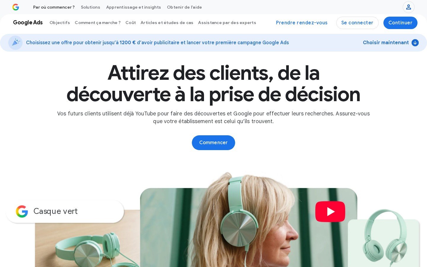 Page officielle Google Ads en français, avec l'offre de crédit publicitaire pour les nouveaux annonceurs
