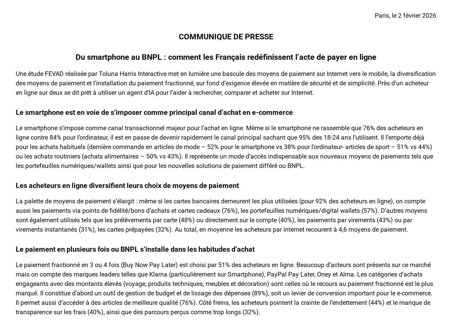 Communiqué de la Fevad du 2 février 2026, Du smartphone au BNPL : carte bancaire utilisée par 92 % des acheteurs en ligne, 4,6 moyens de paiement en moyenne et paiement fractionné en 3 ou 4 fois choisi par 51 %