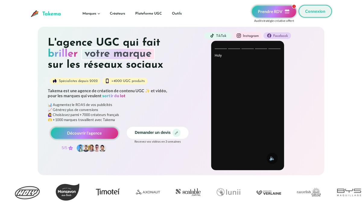 Page d'accueil de Takema Studio, le studio de création UGC de l'écosystème Panja, avec plus de 7 000 créateurs français