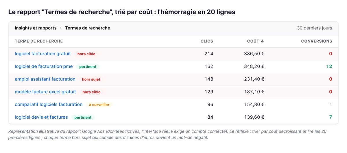 Représentation du rapport Termes de recherche de Google Ads trié par coût décroissant, avec les requêtes hors sujet à passer en mots-clés négatifs