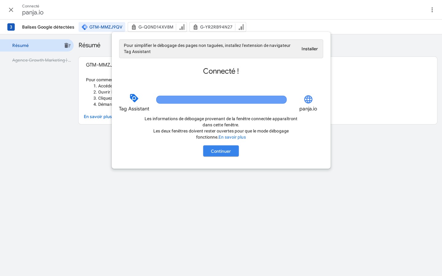 Google Tag Assistant connecté à un domaine : trois balises Google détectées avec leurs identifiants