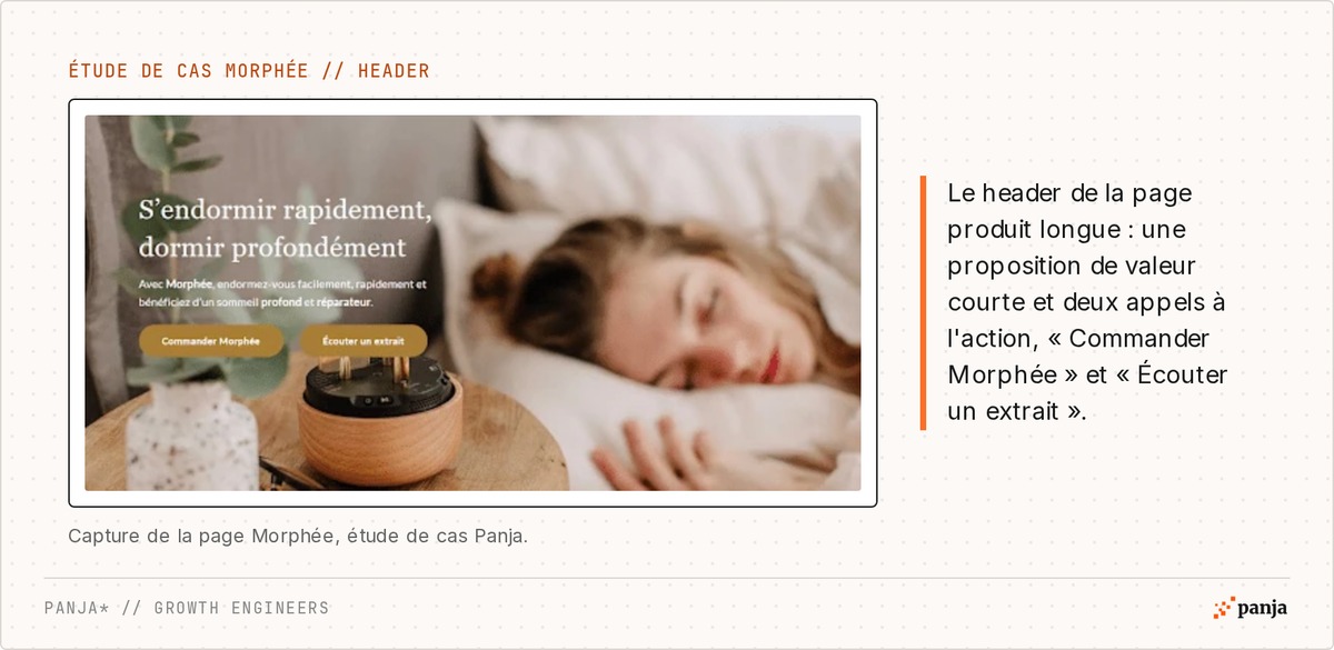 Header de la page produit longue de Morphée : proposition de valeur courte et deux appels à l'action, Commander Morphée et Écouter un extrait