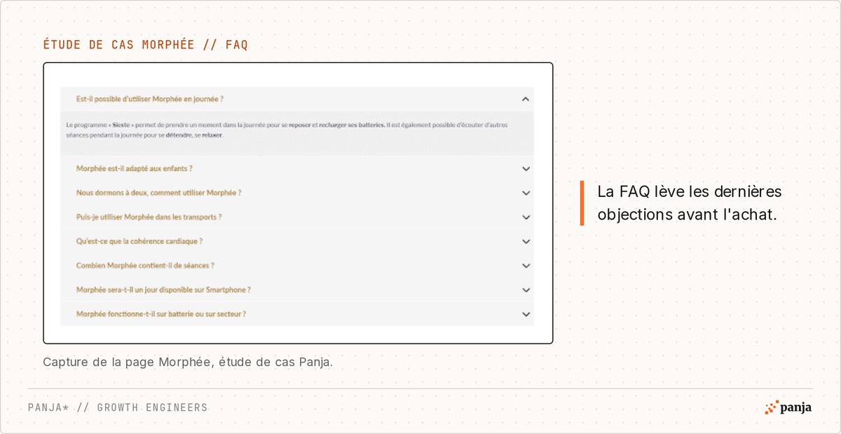 FAQ de la page produit longue de Morphée, qui lève les dernières objections avant l'achat