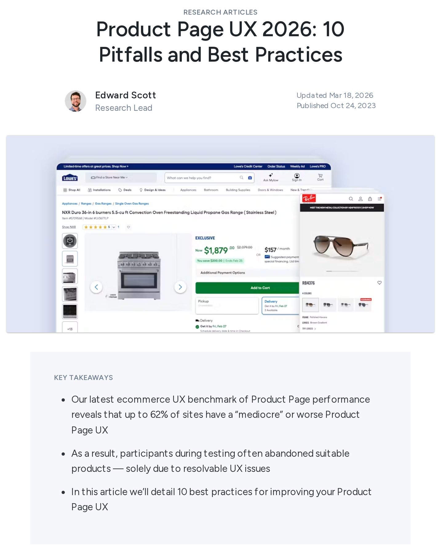 Article de Baymard Institute « Product Page UX 2026 » (en anglais), mis à jour le 18 mars 2026 : jusqu'à 62 % des sites ont une page produit médiocre ou pire