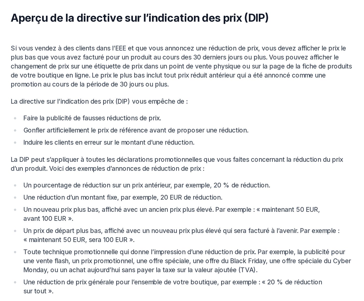 Page du Help Center Shopify en français sur la directive européenne sur l'indication des prix : obligation d'afficher le prix le plus bas des 30 derniers jours et exemples d'annonces de réduction