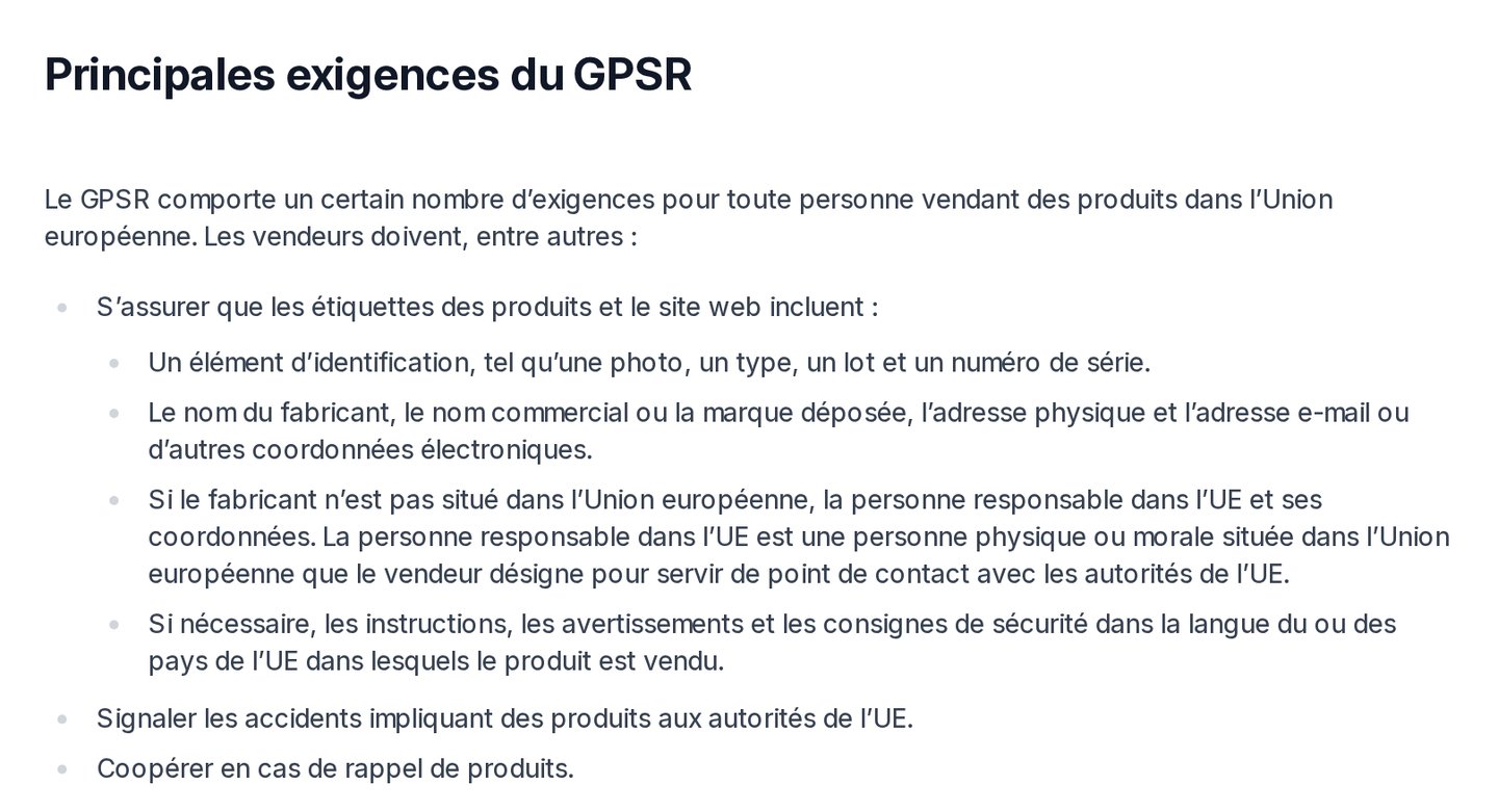 Page du Help Center Shopify en français sur le GPSR : principales exigences, dont l'identification du produit, les coordonnées du fabricant, la personne responsable dans l'UE et les avertissements dans la langue du pays