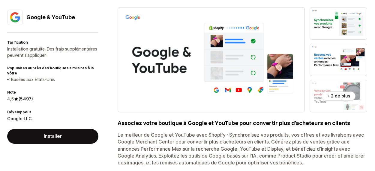 Fiche de l'app Google & YouTube sur le Shopify App Store en français : installation gratuite, note de 4,5 sur 5 497 avis, développeur Google LLC (relevé le 26/09/2026)