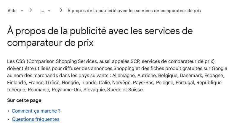 Page de l'Aide Google Merchant Center en français sur les services de comparateur de prix (CSS) : liste des pays où un CSS est obligatoire, dont la France