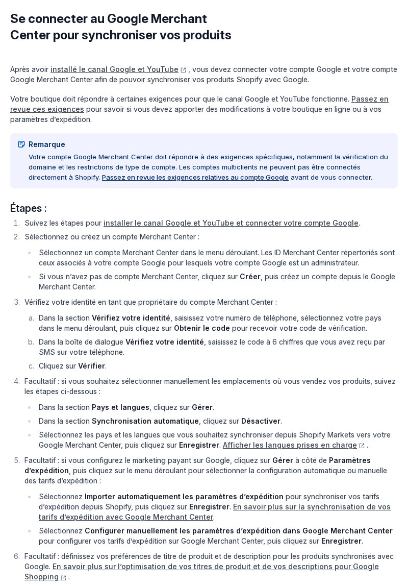Centre d'aide Shopify en français, section Se connecter au Google Merchant Center pour synchroniser vos produits : les 6 étapes de configuration du canal Google et YouTube