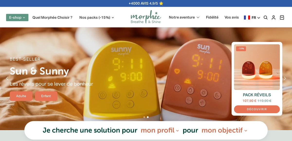 Page d'accueil de Morphée en français : la marque pour laquelle Panja a généré 918 932 euros avec une seule landing page