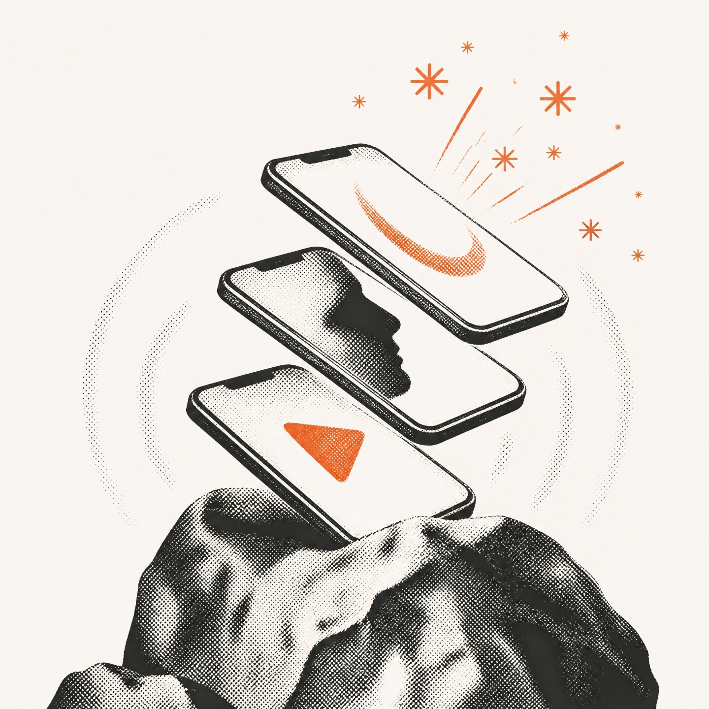 Illustration Social Ads : accélération créative depuis un rocher halftone