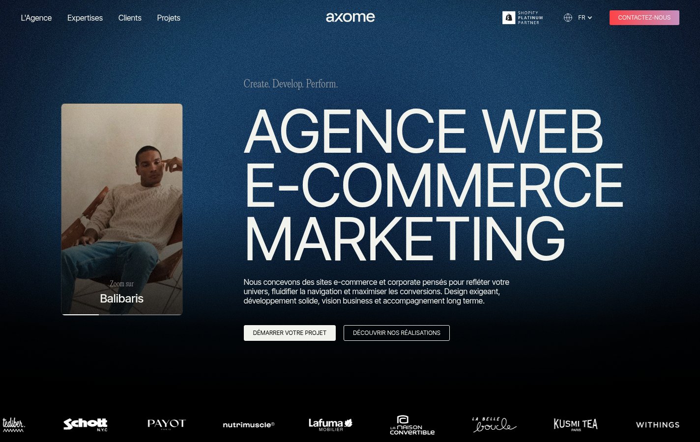 Page d'accueil de l'agence Axome, partenaire Shopify Platinum
