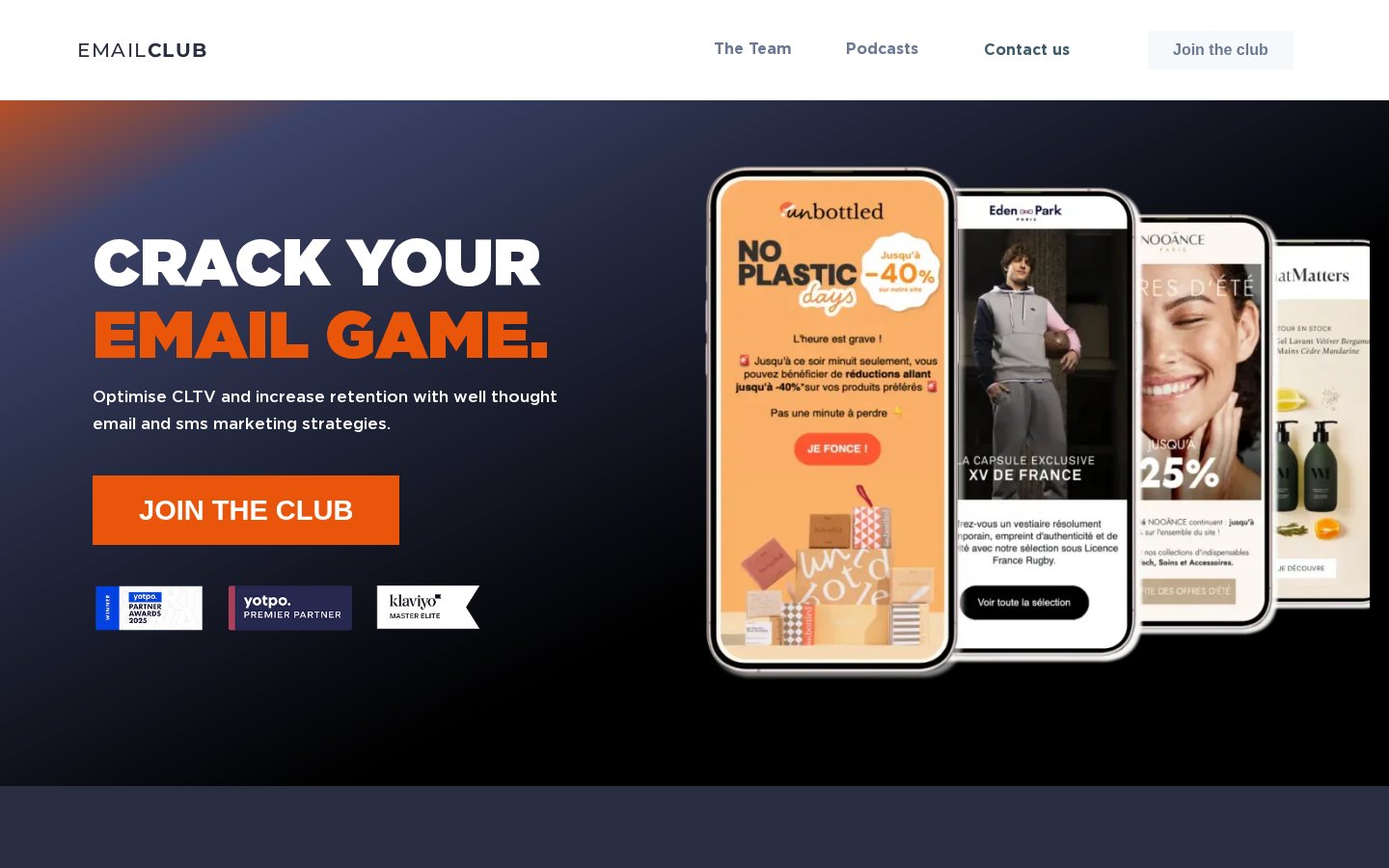 Page d'accueil d'EmailClub avec le badge Klaviyo Master Elite