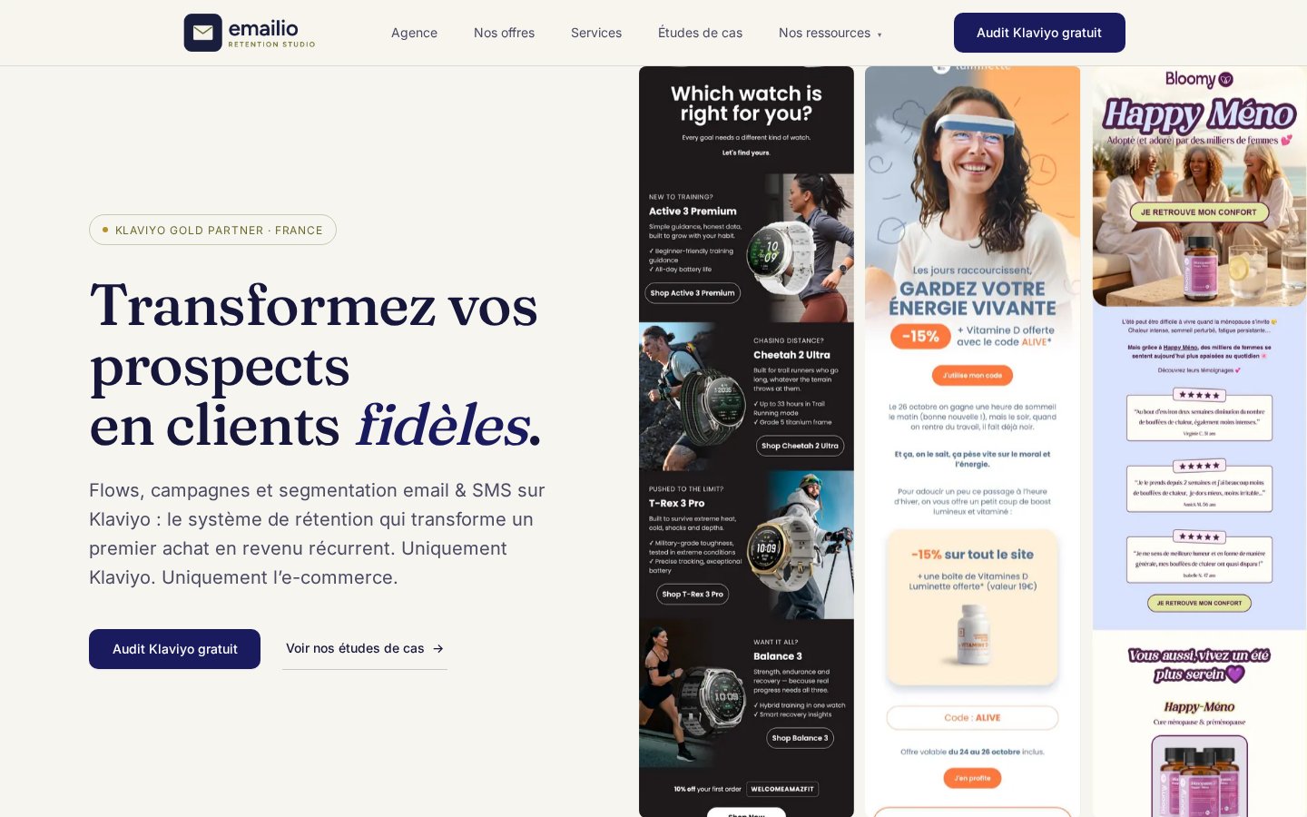 Page d'accueil d'Emailio avec la mention Klaviyo Gold Partner France
