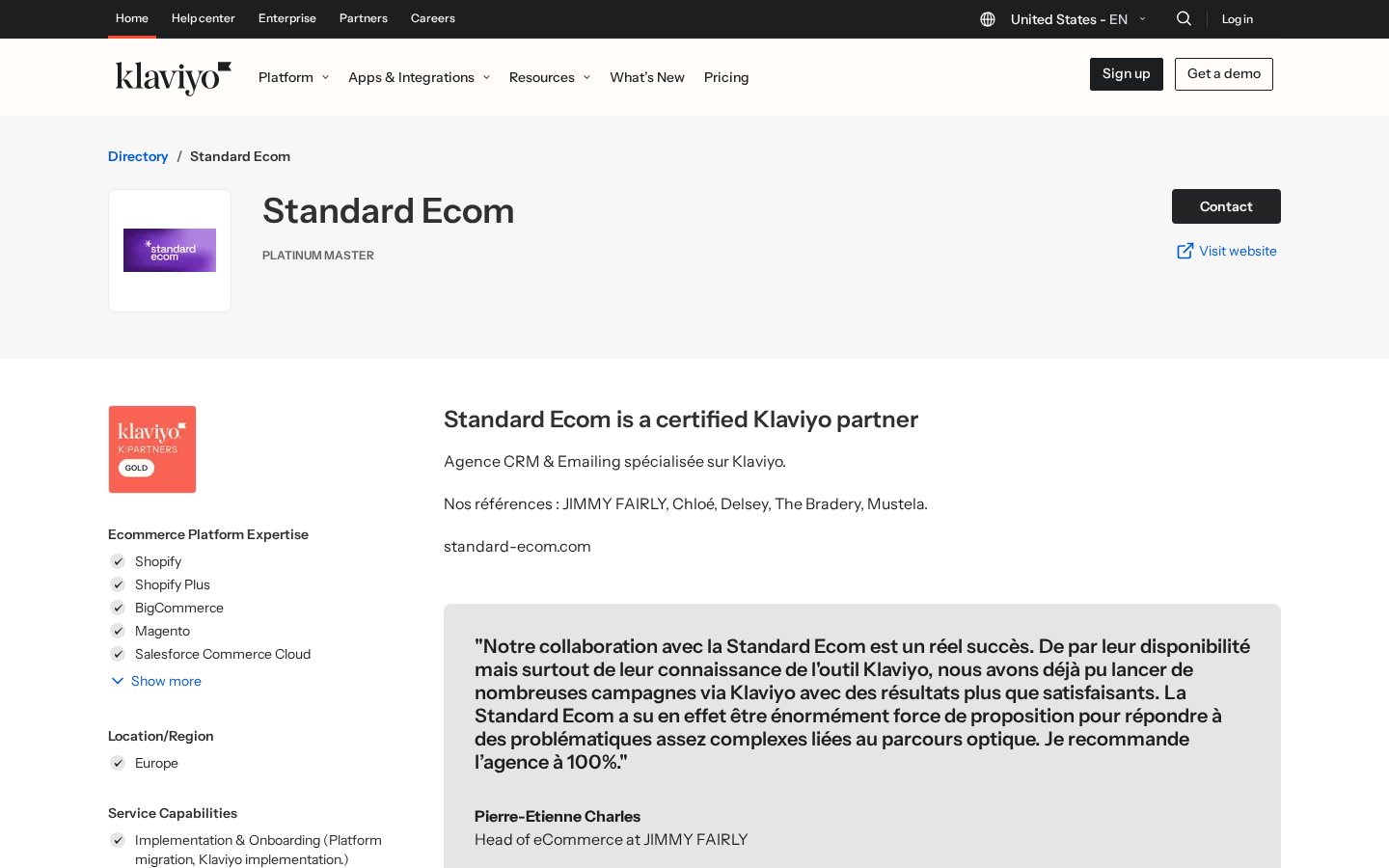 Fiche de Standard Ecom dans l'annuaire Klaviyo : badge Platinum Master, plateformes e-commerce et région Europe