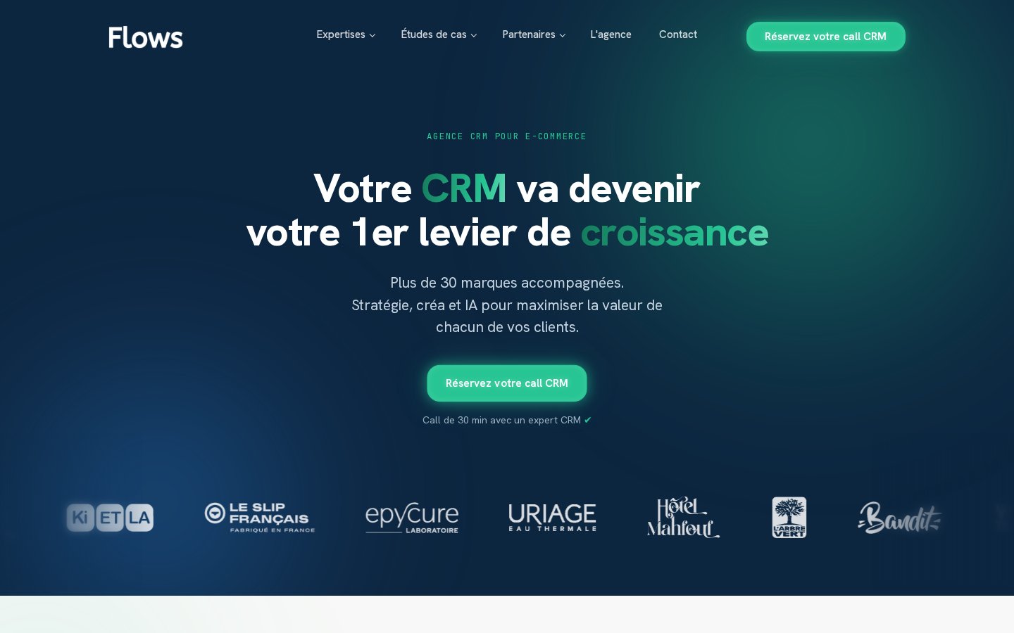 Page d'accueil de Flows, agence CRM pour l'e-commerce, avec son bandeau de logos clients