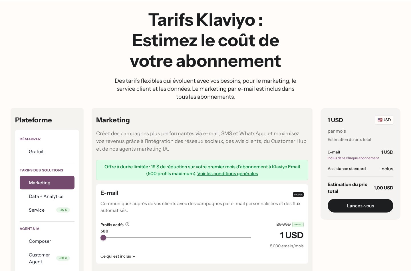 Page tarifs Klaviyo en français au 26/09/2026 : formule Email à 20 USD par mois pour 500 profils actifs, prix affichés en dollars US