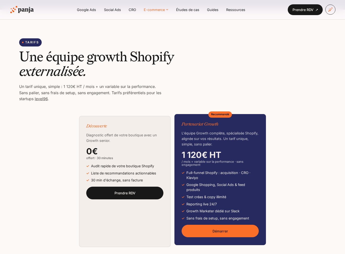 Section Tarifs de la page agence Shopify de panja.io : offre Découverte à 0 euro et Partenariat Growth à 1 120 euros HT par mois plus un variable sur la performance