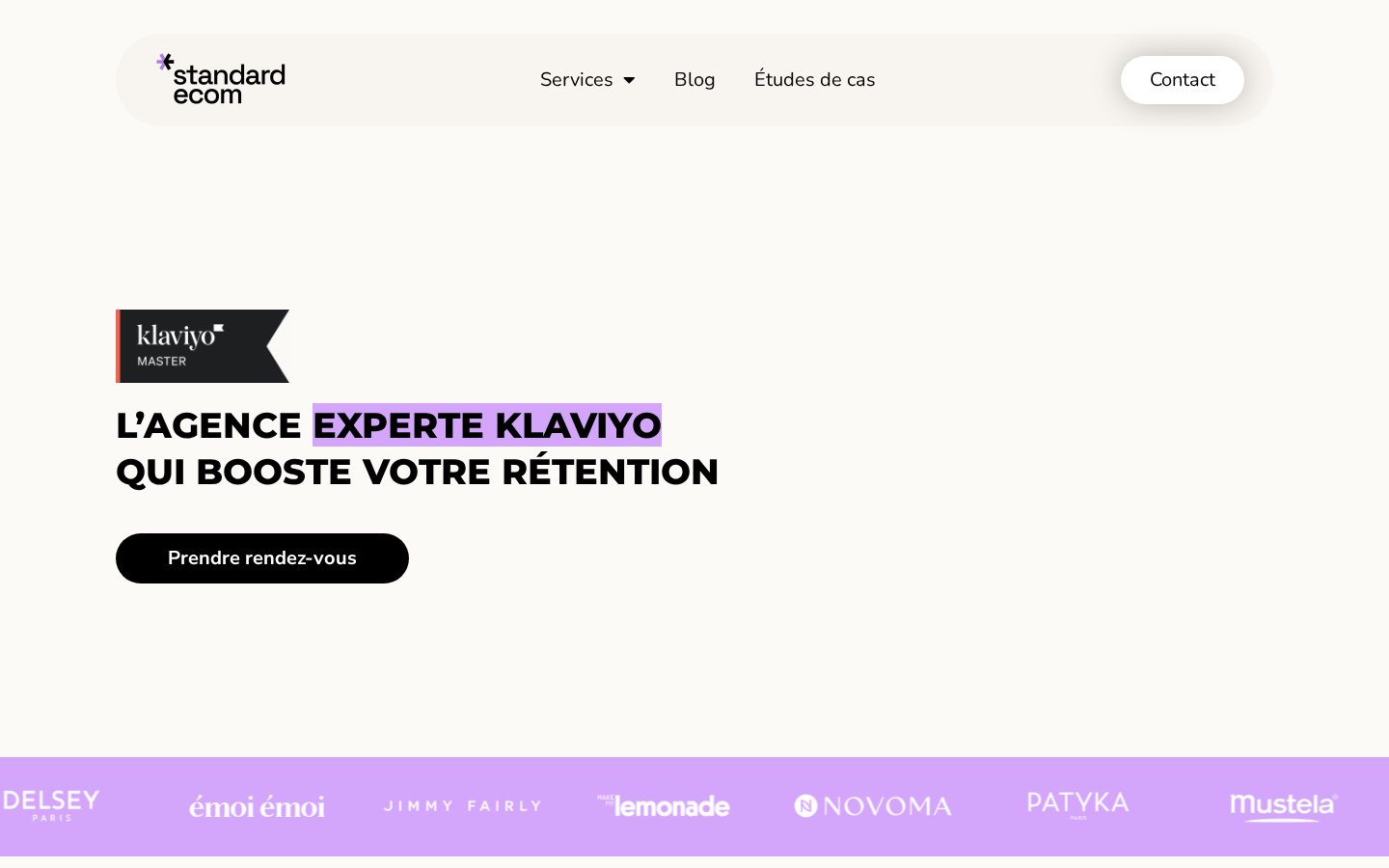 Page agence Klaviyo de Standard Ecom avec le badge Klaviyo Master et les logos de ses marques clientes