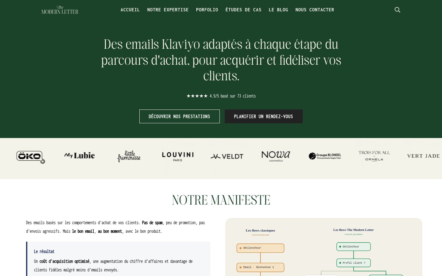 Page d'accueil de The Modern Letter avec sa note clients et ses logos de marques