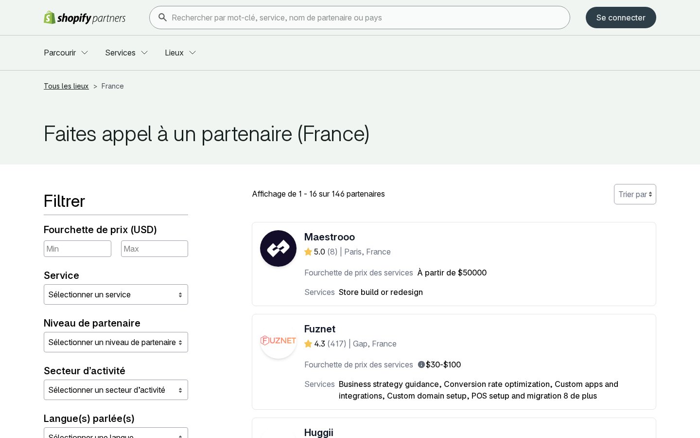 Annuaire officiel Shopify Partners, page France : 146 partenaires affichés, filtres par prix, service et niveau de partenaire, premières cartes d'agences