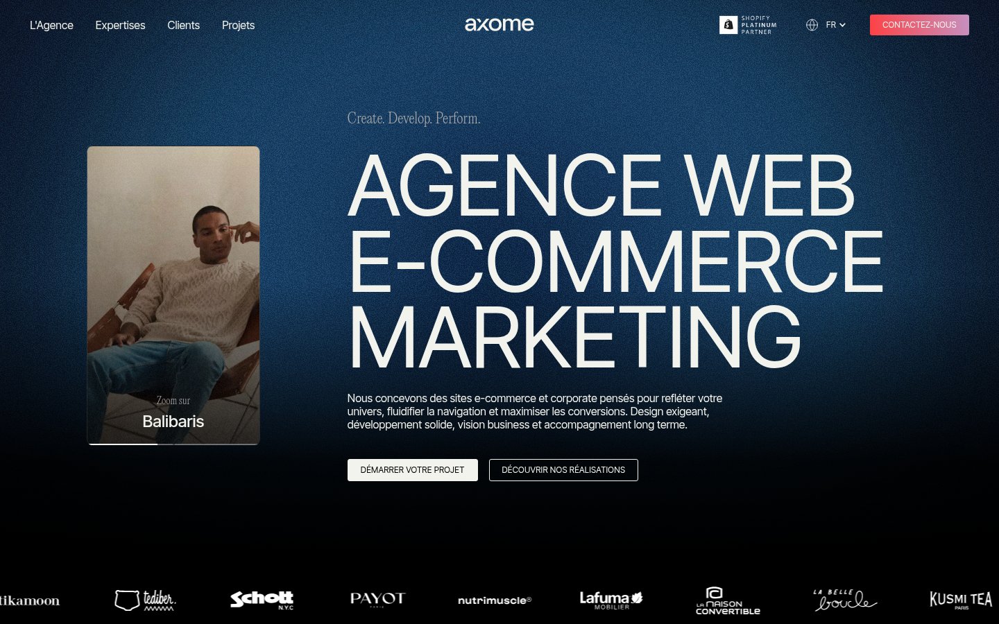 Page d'accueil de l'agence Axome, partenaire Shopify Platinum, avec son bandeau de logos clients