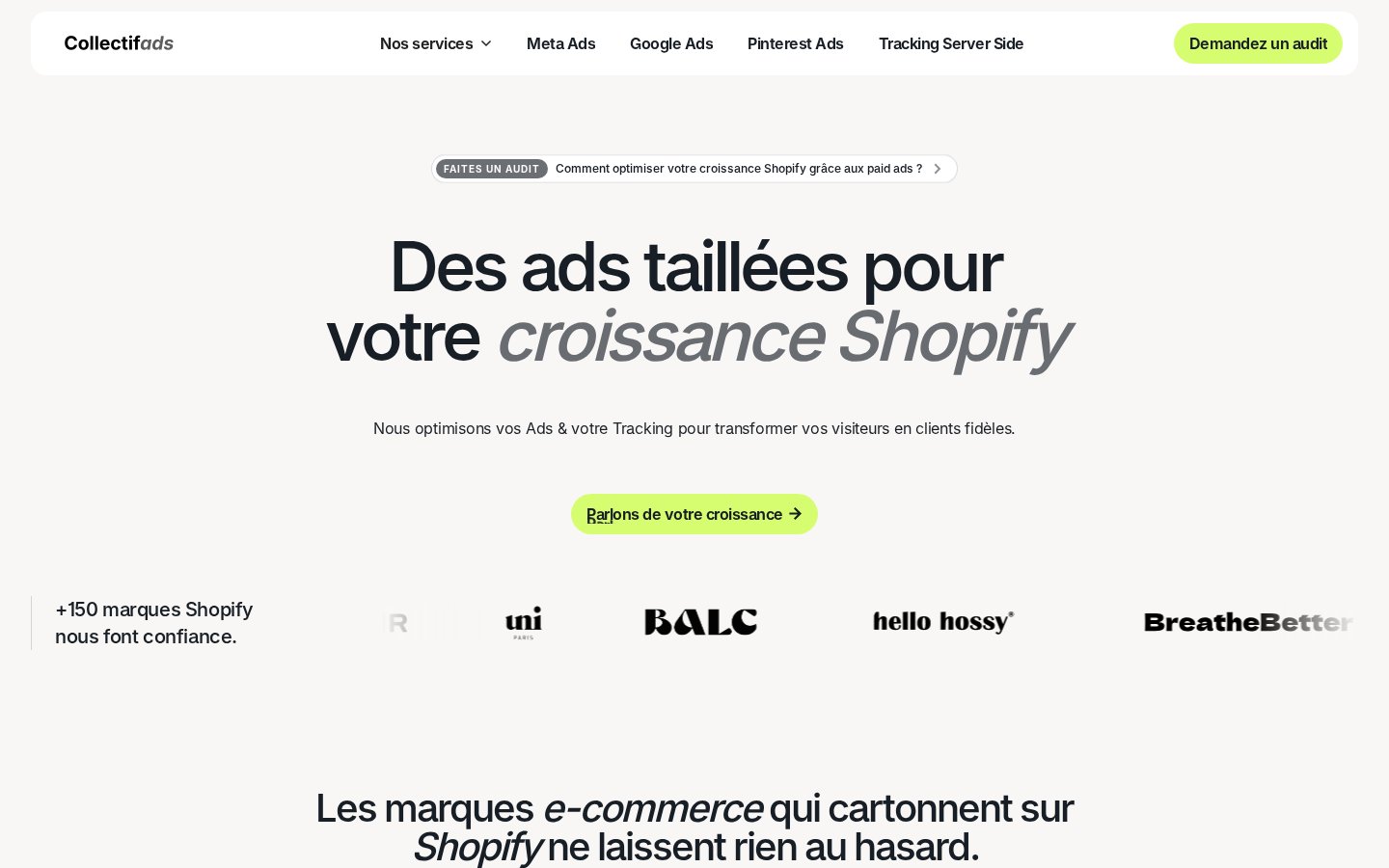 Page d'accueil de Collectif Ads : Ads et tracking pour la croissance des boutiques Shopify