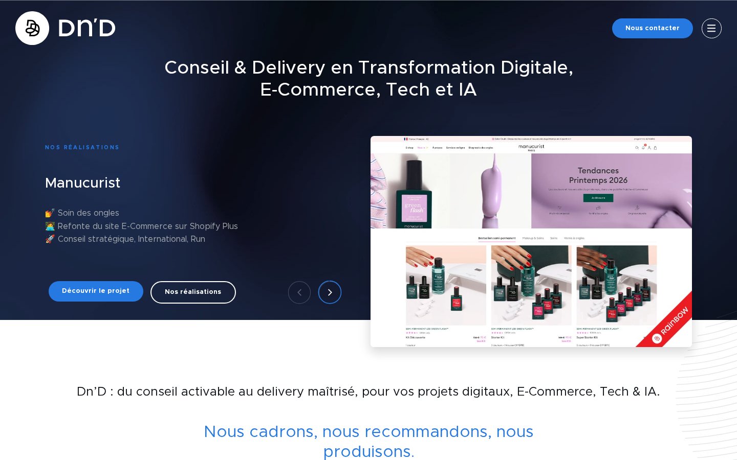 Page d'accueil de Dn'D avec un projet de refonte sur Shopify Plus mis en avant