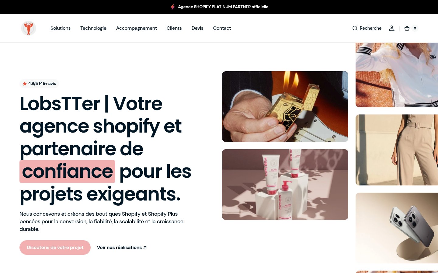 Page d'accueil de LobsTTer, agence Shopify Platinum Partner, avec la mention 4,9/5 et 145+ avis