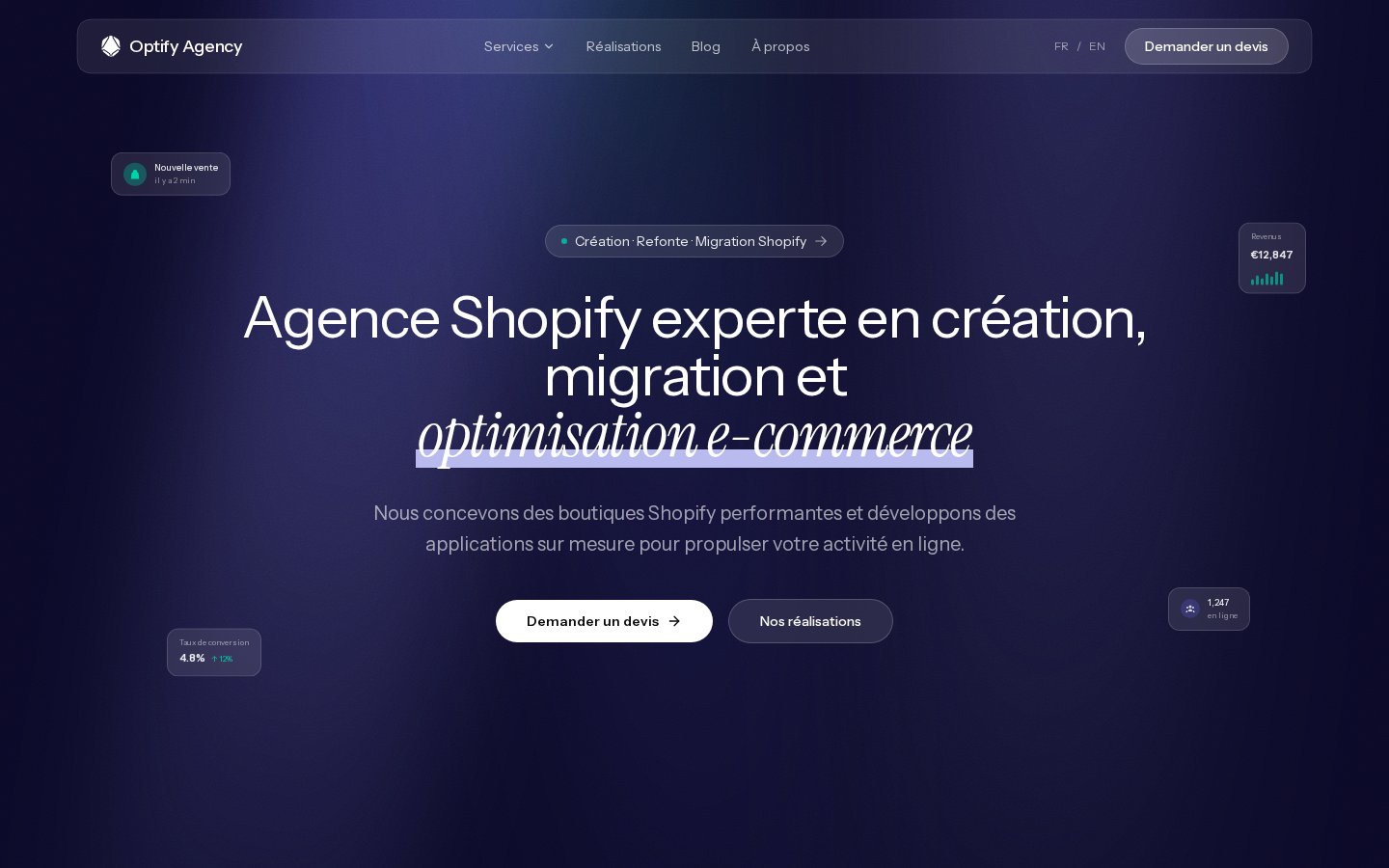 Page d'accueil d'Optify Agency : création, refonte et migration Shopify