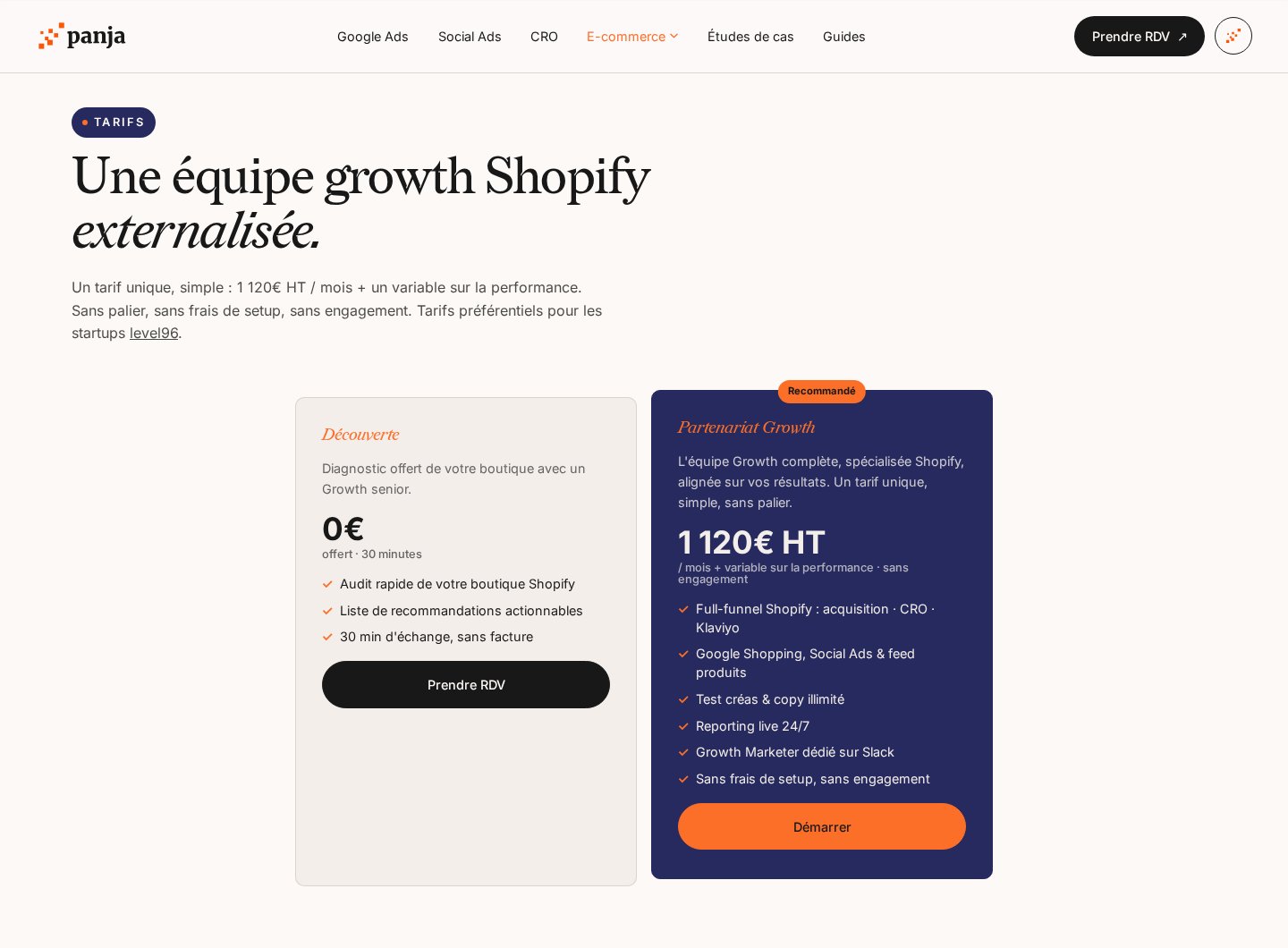 Section Tarifs de la page agence Shopify de panja.io : offre Découverte à 0 euro et Partenariat Growth à 1 120 euros HT par mois plus un variable sur la performance