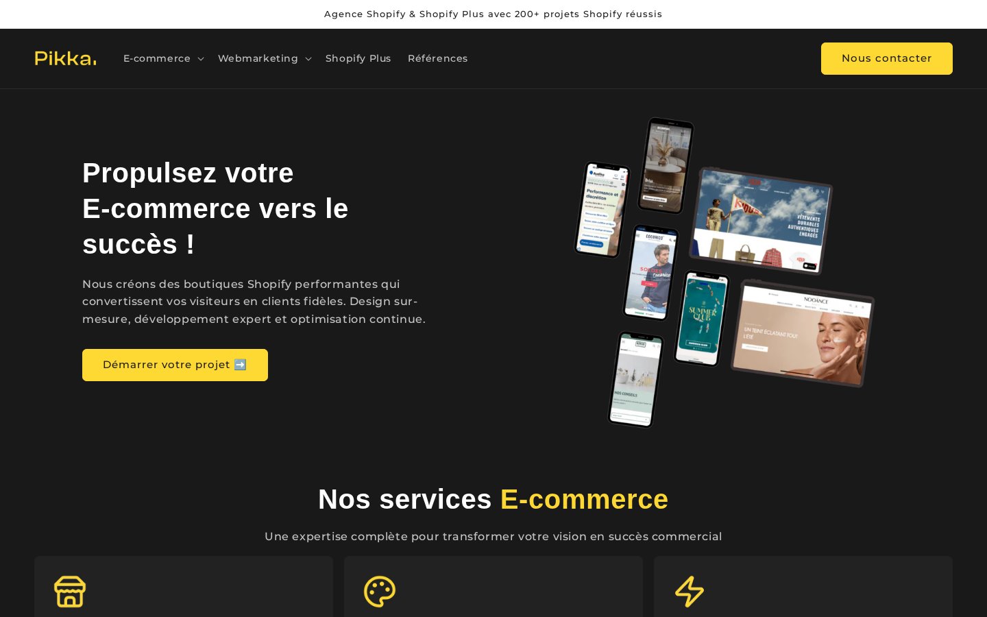Page d'accueil de Pikka en version française, agence Shopify et Shopify Plus