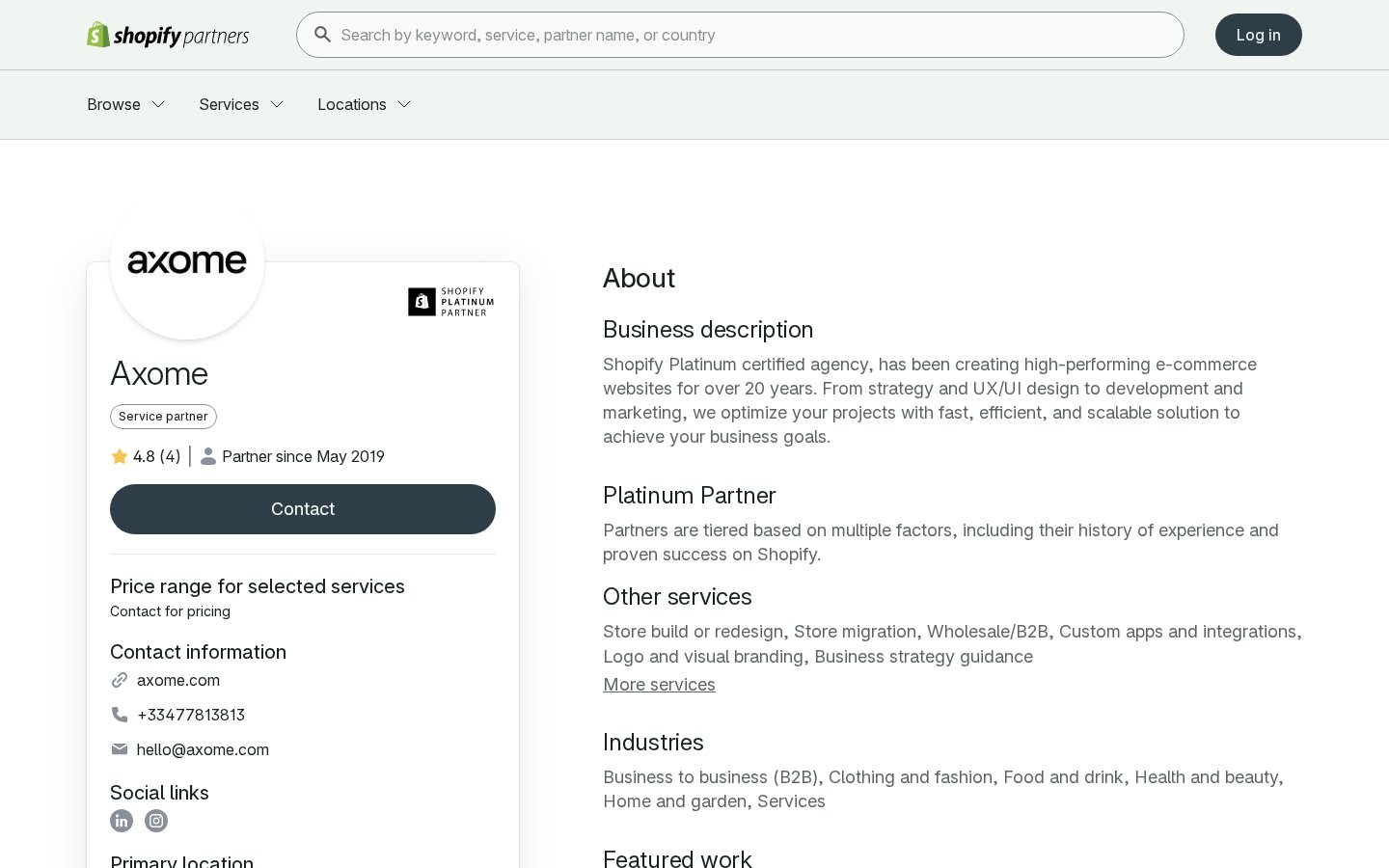 Profil d'Axome dans l'annuaire Shopify Partners : badge Shopify Platinum Partner, note de 4,8 sur 4 avis et mention Partner since May 2019