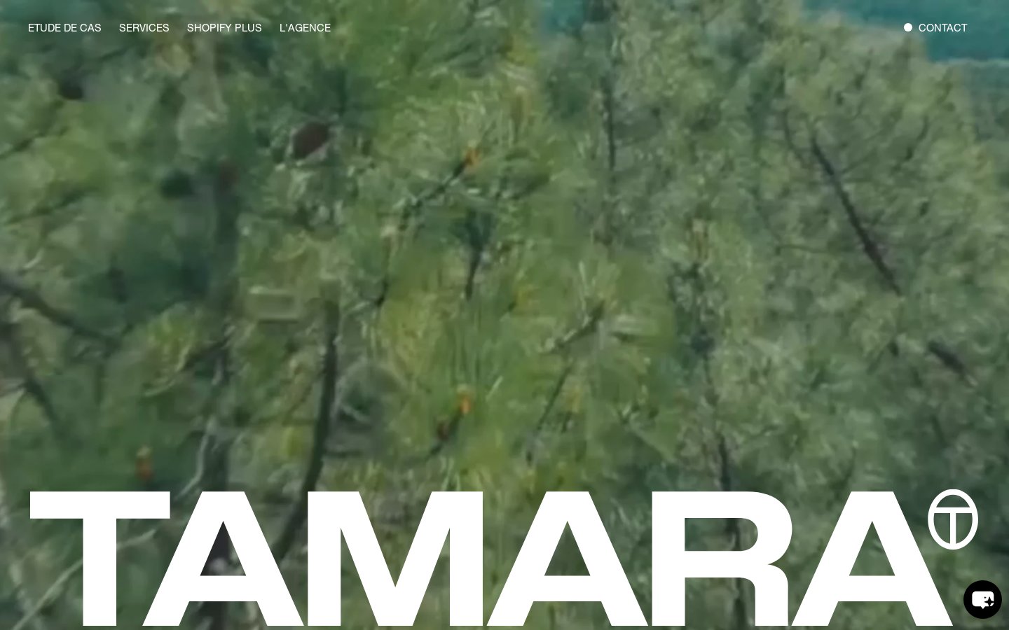Page d'accueil de Tamara Agency avec son logo en plein écran et le menu Shopify Plus