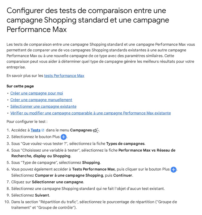 Page d'aide Google Ads en français « Configurer des tests de comparaison entre une campagne Shopping standard et une campagne Performance Max » : étapes 1 à 10 de configuration