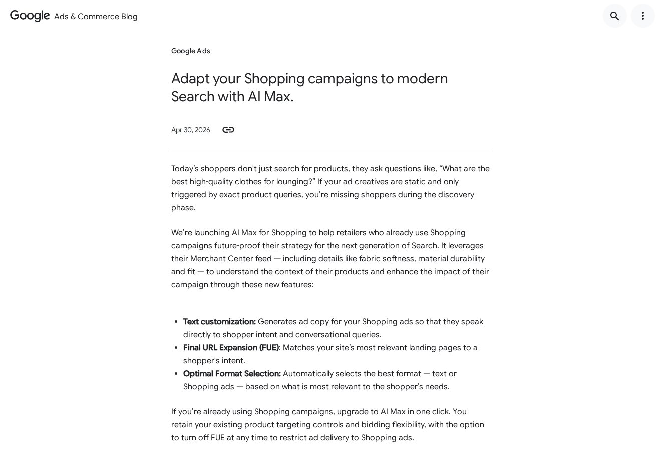 Article du blog Google Ads & Commerce du 30 avril 2026 annonçant AI Max pour Shopping (en anglais) : adaptation du texte, extension d'URL finale et sélection du format