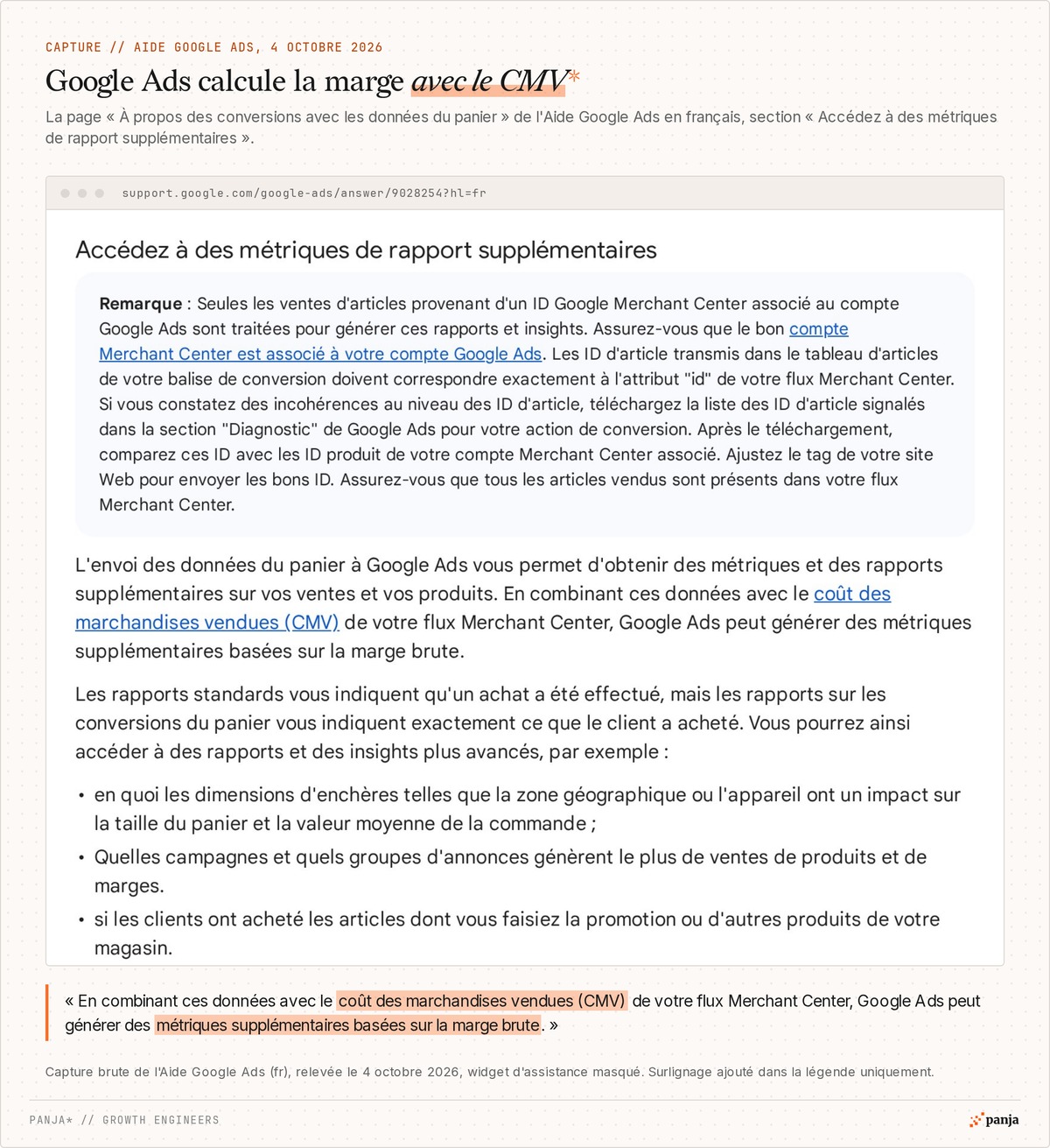 Aide Google Ads en français, conversions avec les données du panier : combinées au coût des marchandises vendues (CMV) du flux Merchant Center, elles donnent des métriques basées sur la marge brute