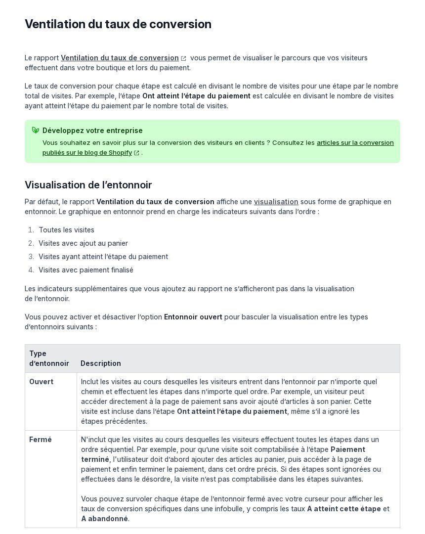 Page du Help Center Shopify en français sur le rapport Ventilation du taux de conversion : entonnoir en 4 étapes et différence entre entonnoir ouvert et fermé
