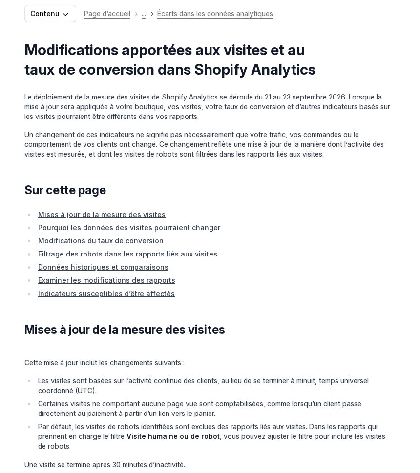 Page du Help Center Shopify en français sur les modifications des visites et du taux de conversion : déploiement du 21 au 23 septembre 2026 et liste des changements