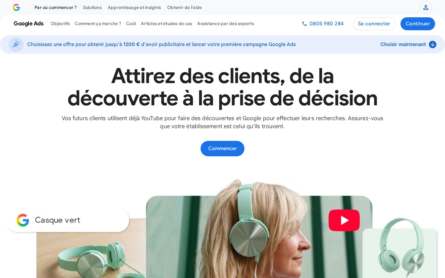 Page d'accueil Google Ads en français, point d'entrée pour créer une première campagne